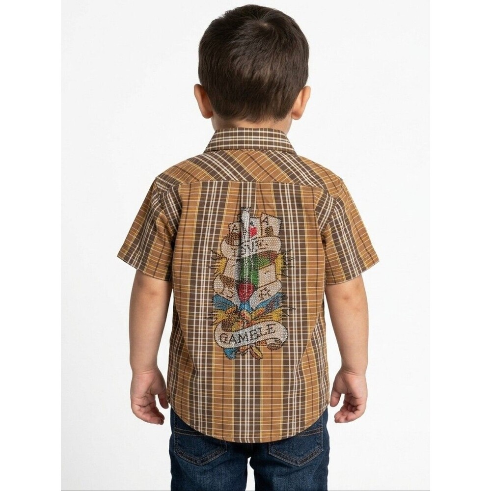Platini Boys NWT Brown Striped Graphic Button Down Shirt Size 5